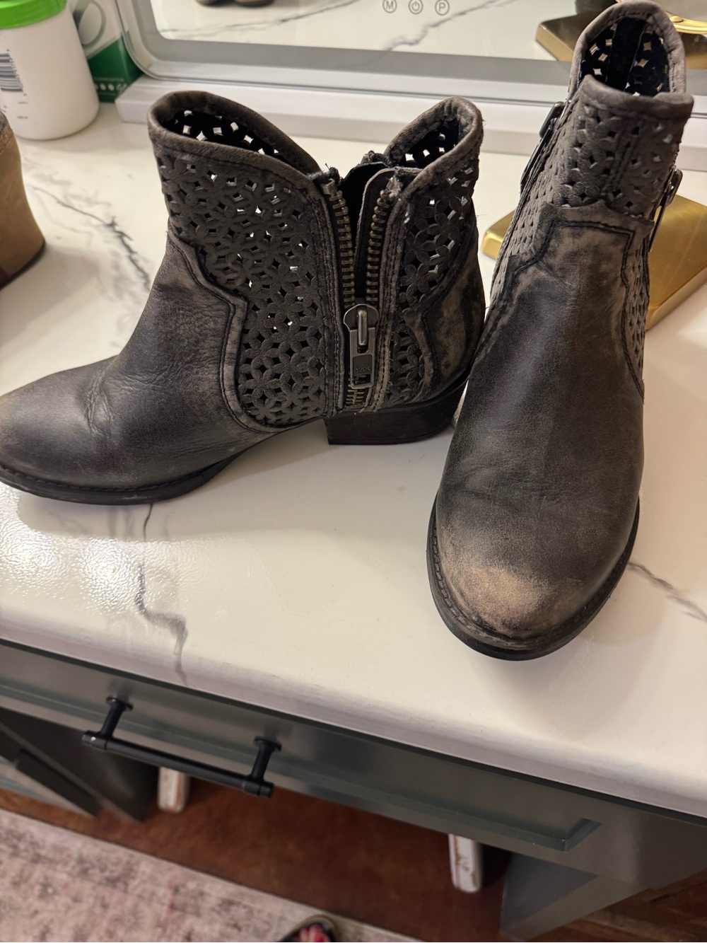 Circle G Distressed Gray Laser-Cut Ankle Booties with Side Zip